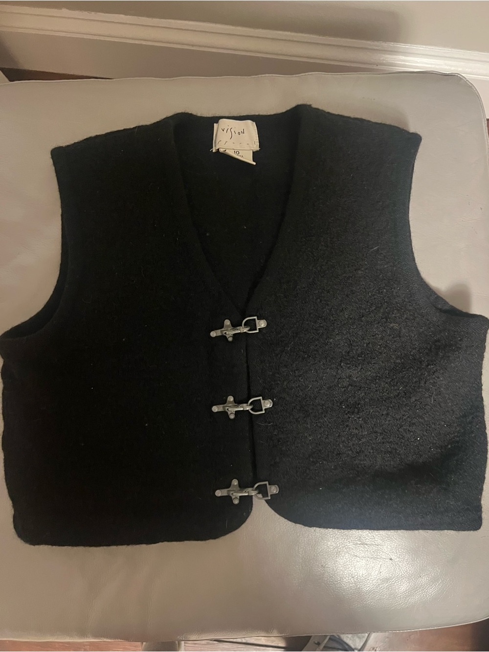 Vintage Vision Apparel Cropped Black Hook-Front Wool Vest